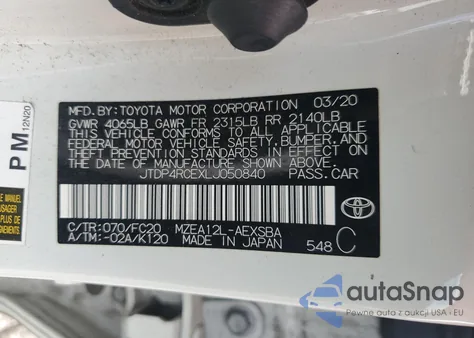 2020 Toyota Corolla Se z USA, uszkodzony, nr VIN JTDP4RCEXLJ050840